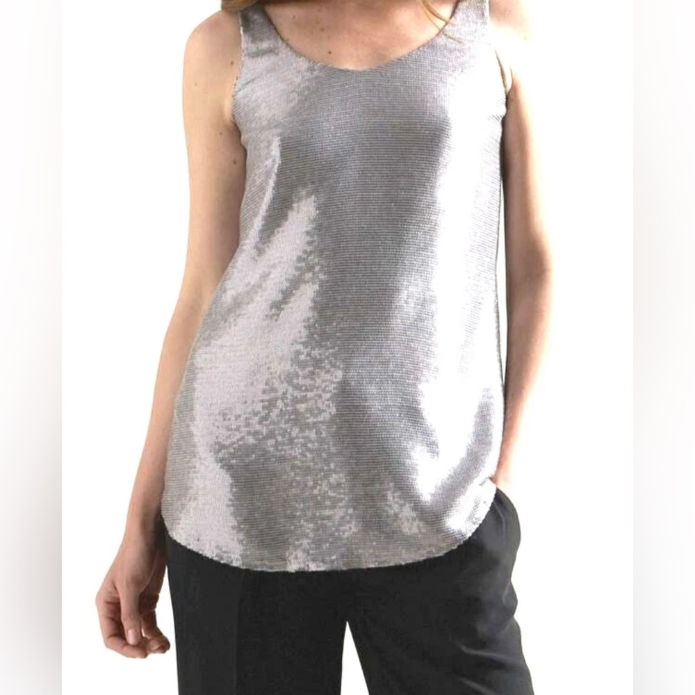 EILEEN FISHER Sequin 100% Silk ANTIQUE SILVER Gray Top  M. Evening,‎ Holiday
